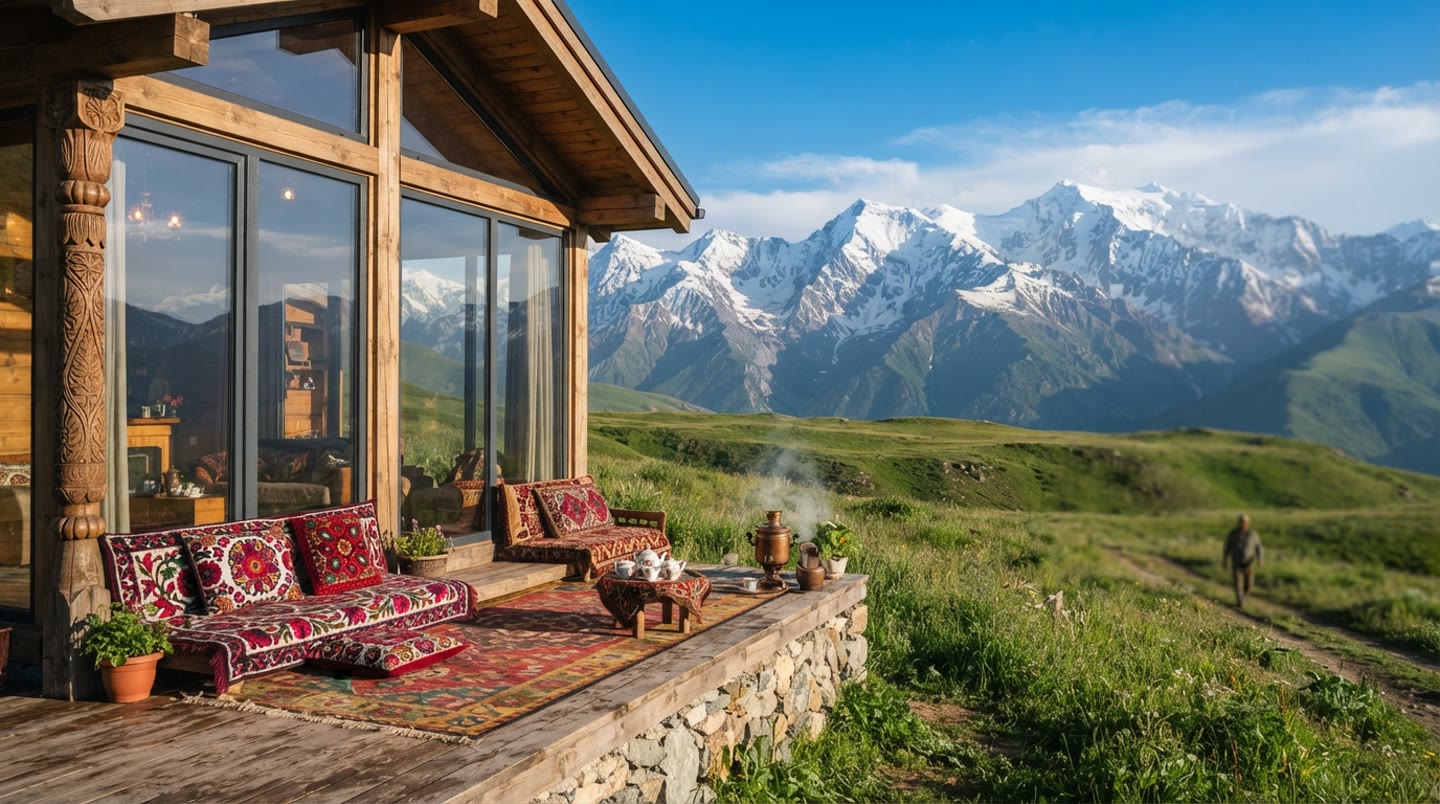 A secluded home on the high-altitude Pamir plateau, connected with Starlink internet.